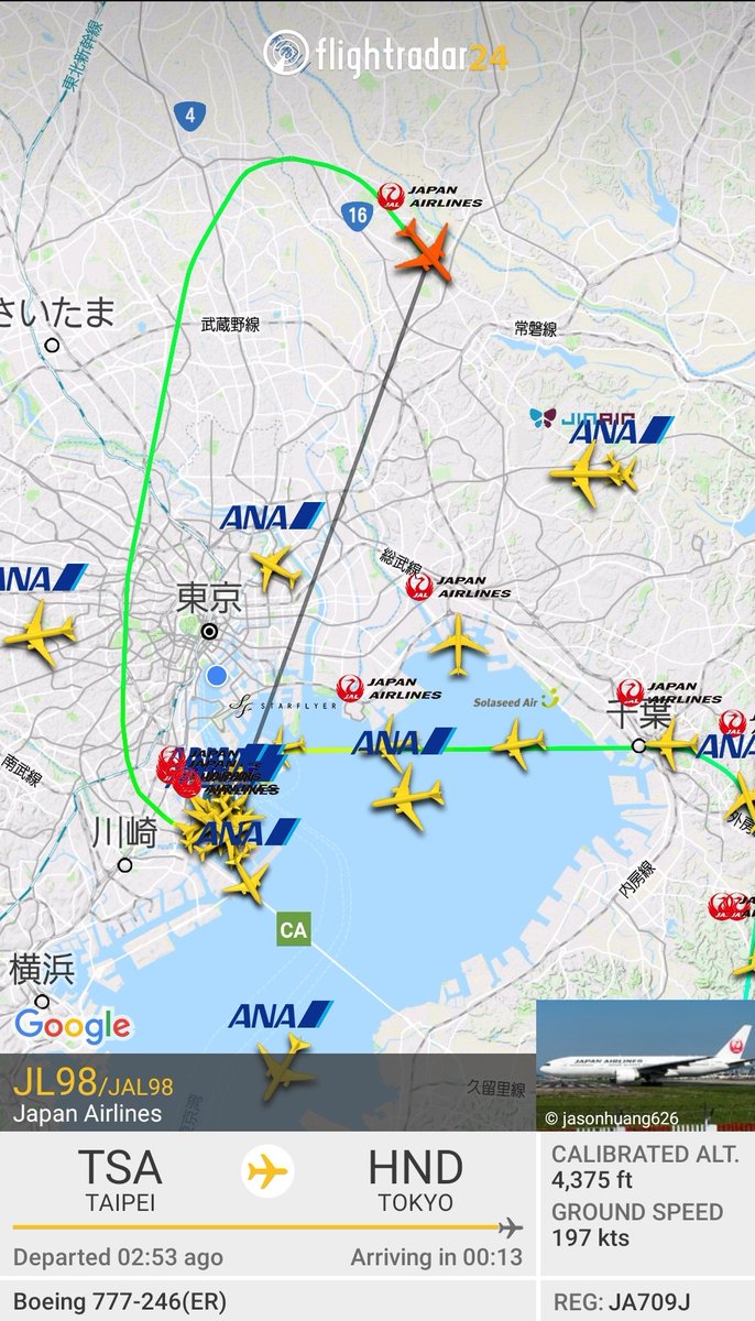HRD_Atsushi's tweet photo. 都心上空を飛んでいったけど大丈夫かなぁ #JL98 from taipei #TSA to Tokyo #haneda #HND #ゴーアラウンド #goaround #jal #b777 #ja709j https://t.co/1x1R8ZrJwd