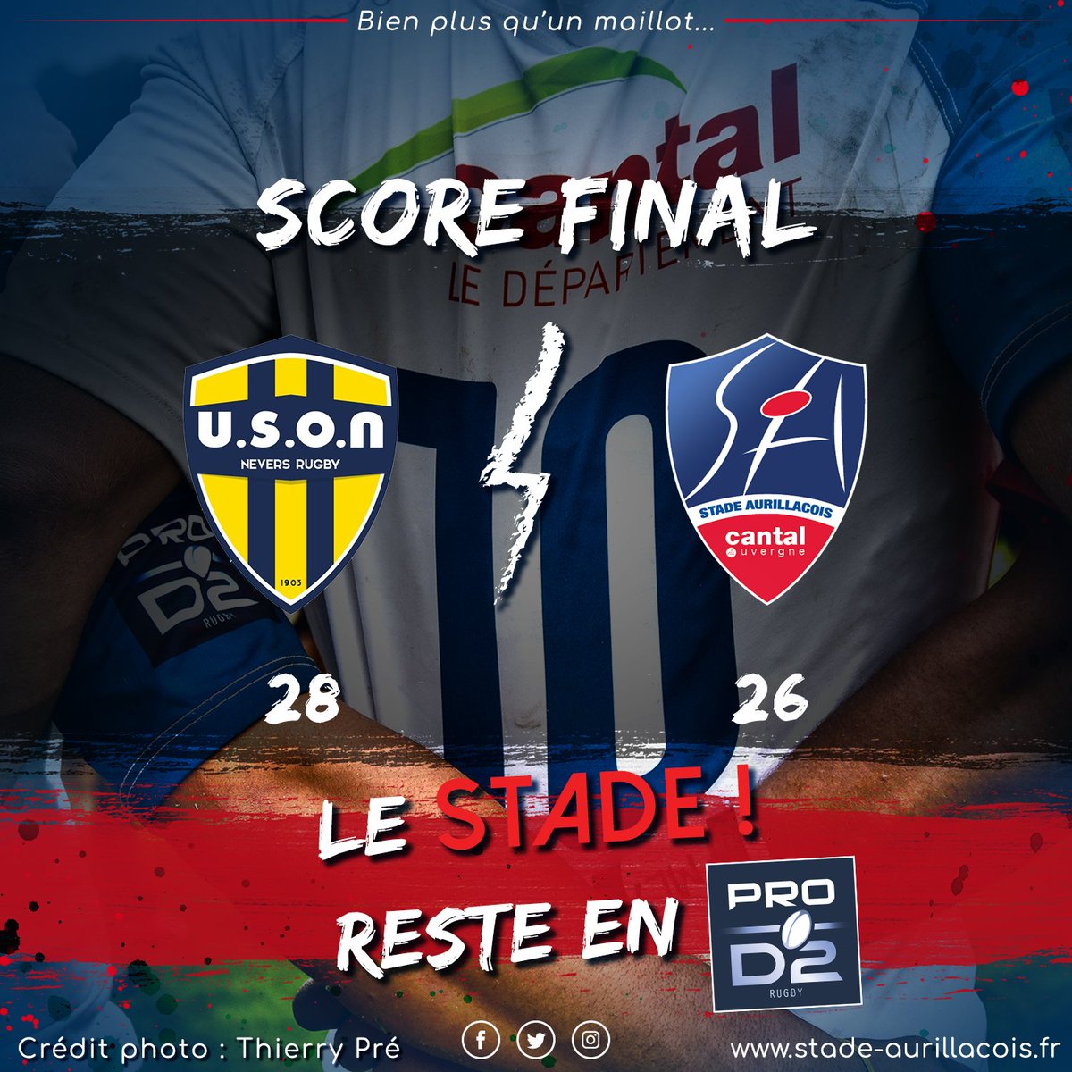 SArugbyofficiel's tweet photo. Score final : 
28-26 
Le @SArugbyofficiel s'incline avec le bonus défensif. Le Stade Aurillacois Cantal Auvergne reste en Pro D2. 
🔴🔵💪💪🏈🏈
#AllezAurillac #AllezlesRougeetBleu #SAfamily #ProD2 https://t.co/EquFoaKdsR
