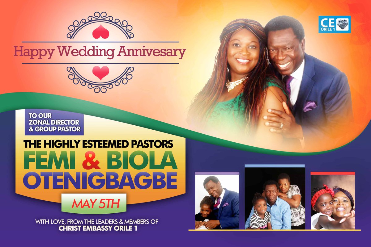ceorile1's tweet photo. HAPPY WEDDING ANNIVERSARY to our Zonal Director & Group Pastor, the Highly Esteemed Pastors Femi & Biola Otenigbagbe!
Our hearts overflow with joy, as we celebrate the blessedness of your UNION, thanking God for its impact upon our lives. We love you, dearly!
#CEOrile1 #CELZ3 https://t.co/WVtnNKeQzZ