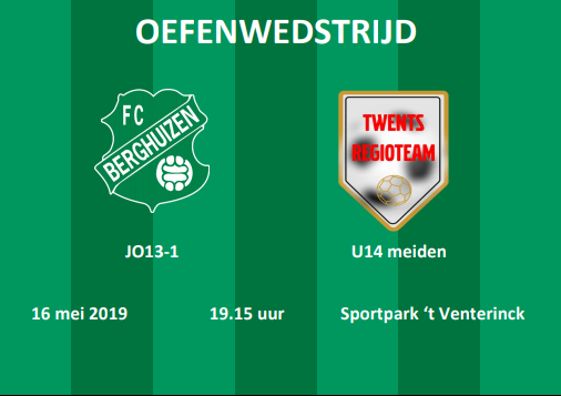 Het Twents regioteam meiden onder 14 speelt op donderdag 16 mei een oefenwedstrijd tegen de jongens van FC Berghuizen JO13-1. Komen jullie allen kijken?