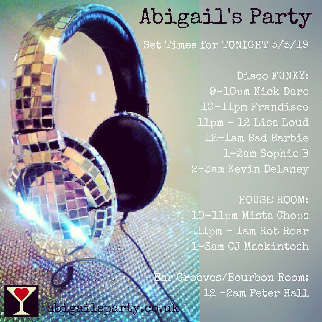 Set times tonight!
<a href="/cjmackintosh/">CJ Mackintosh</a> <a href="/Rob_Roar/">Rob Roar</a> <a href="/djmistachops/">Mista Chops</a> <a href="/DjLisaLoud/">Lisa Loud</a> <a href="/frandisco00/">frandisco00</a> 
See you on the dancefloor #kingstonuponthames 
Bring photo ID📸
Last entry 1am💥
#housemusic #disco #djs