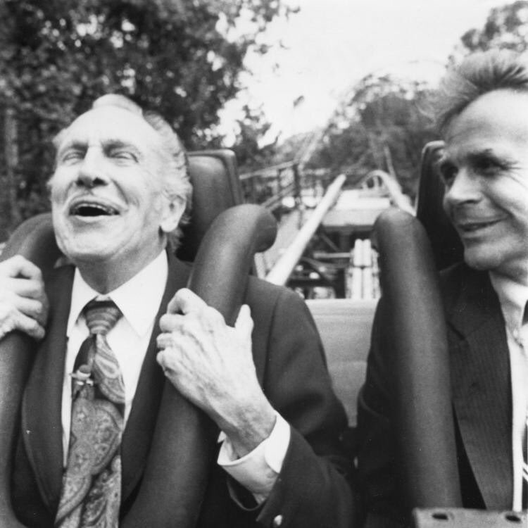 el_zombo's tweet image. Horror film legend Vincent Price rides a roller coaster in a full suit and tie. (1984)