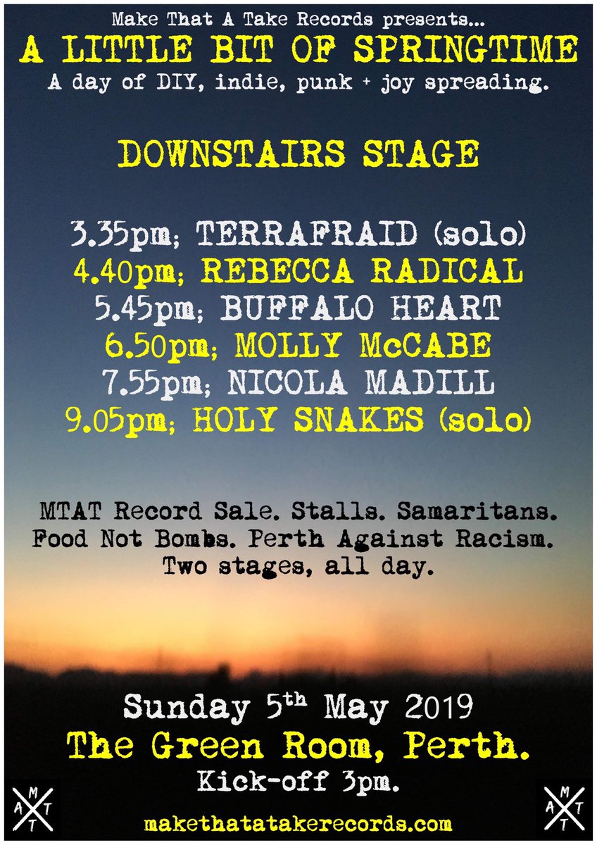 TODAY.

Humans of #Perth, we invited you to get stoked and join us at The Green Room today for A LITTLE BIT OF SPRINGTIME.

13 acts, two stages, MTAT record sale, Food Not Bombs <a href="/samaritans/">Samaritans</a> + a healthy dose of DIY indie/punk/alt-rock joy.

3pm kick off, free all day!
#sunday #joy