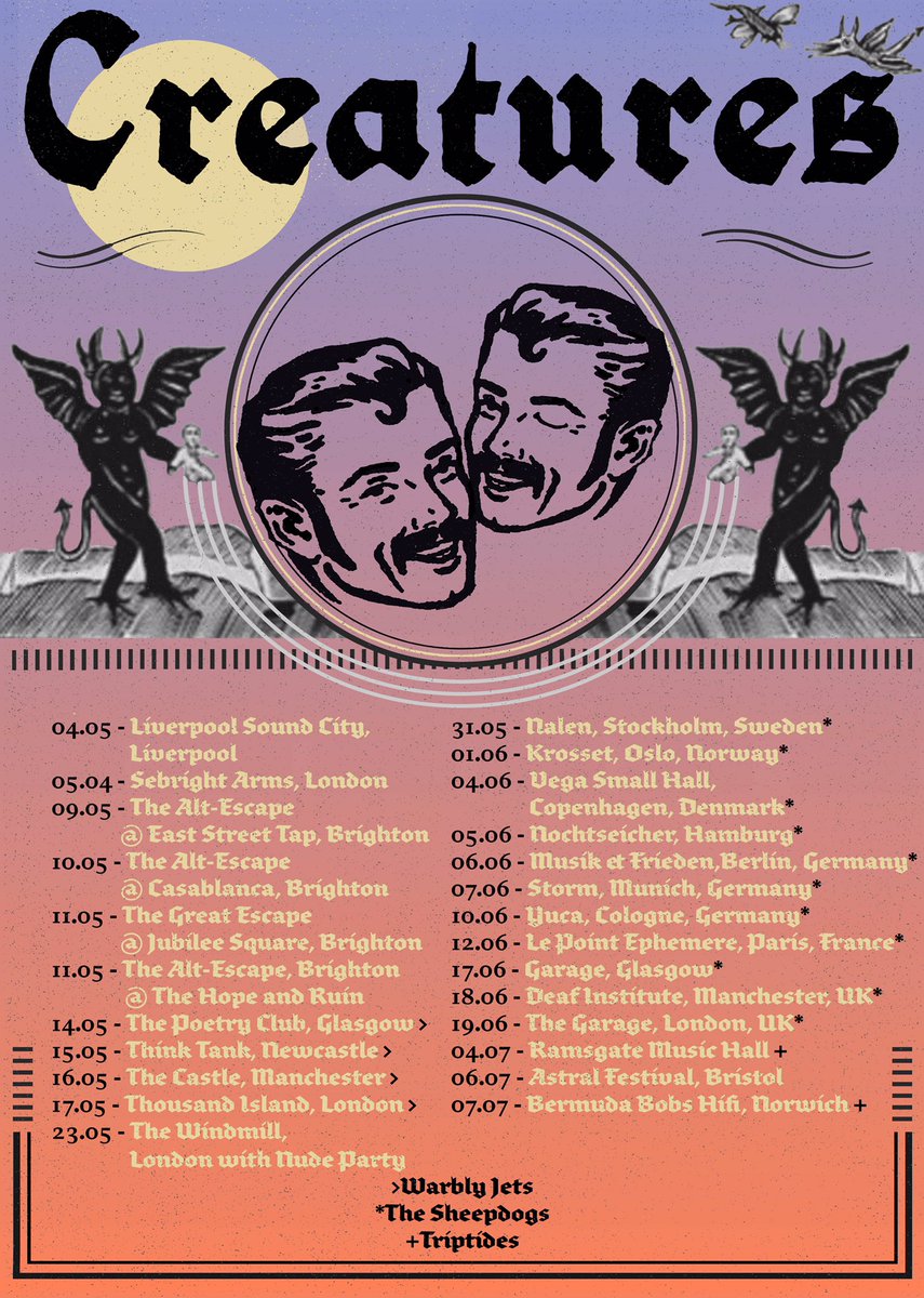 Creatures (@creaturesbanduk) on Twitter photo 👊💥 Creatures are coming to a town near you...
We are playing a load of shows throughout May and June w/ <a href="/WARBLYJETS/">WARBLY JETS</a> and <a href="/TheSheepdogs/">The Sheepdogs</a> . TONIGHT we kick things off at <a href="/SebrightArms/">Sebright Arms</a> , LONDON (on stage at 9pm) FREE ENTRY! 💥👊
Poster design: Daisy May Brown 👊💥 Creatures are coming to a town near you...
We are playing a load of shows throughout May and June w/ <a href="/WARBLYJETS/">WARBLY JETS</a> and <a href="/TheSheepdogs/">The Sheepdogs</a> . TONIGHT we kick things off at <a href="/SebrightArms/">Sebright Arms</a> , LONDON (on stage at 9pm) FREE ENTRY! 💥👊
Poster design: Daisy May Brown