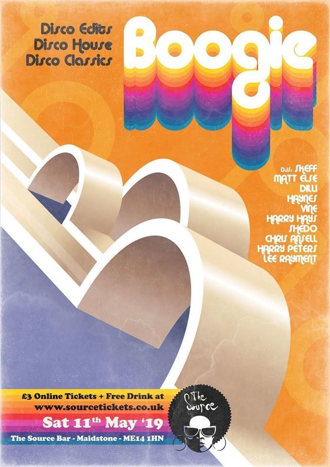 Boogie (DISCO PARTY) at The Source, Saturday 11th May 2019, a night of Disco driven beats with original Disco cuts, edits &amp; House. 9pm-6am.

Online tickets £3 + FREE DRINK: buff.ly/2HluwOW