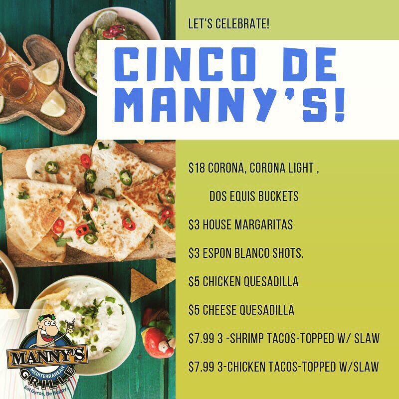 Cinco De Manny’s!  Join the Fiesta!!
mannysgrills.com 
@WestOfNews @CrewsChevrolet @nchschamber @CHSfoodie @chasscene @ChsDrinks @chasrestaurants @explorecharleston @HolyCitySinner @HolyCityEats @ChefsofCarolina #chs #chseats #chsfoodie #chswx @chowdownchas @EaterCHS