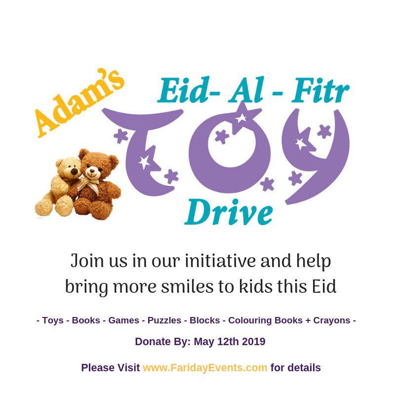 FaridayEvents's tweet photo. We’re now accepting donations for this years #AEidToyDrive with your help last we spread a little joy to 150 local kids/families in #Mississauga let’s join together again n spread love in our neighbourhoods! Join the effort https://t.co/PXNpBylPr8 https://t.co/I1CKsoU4fP