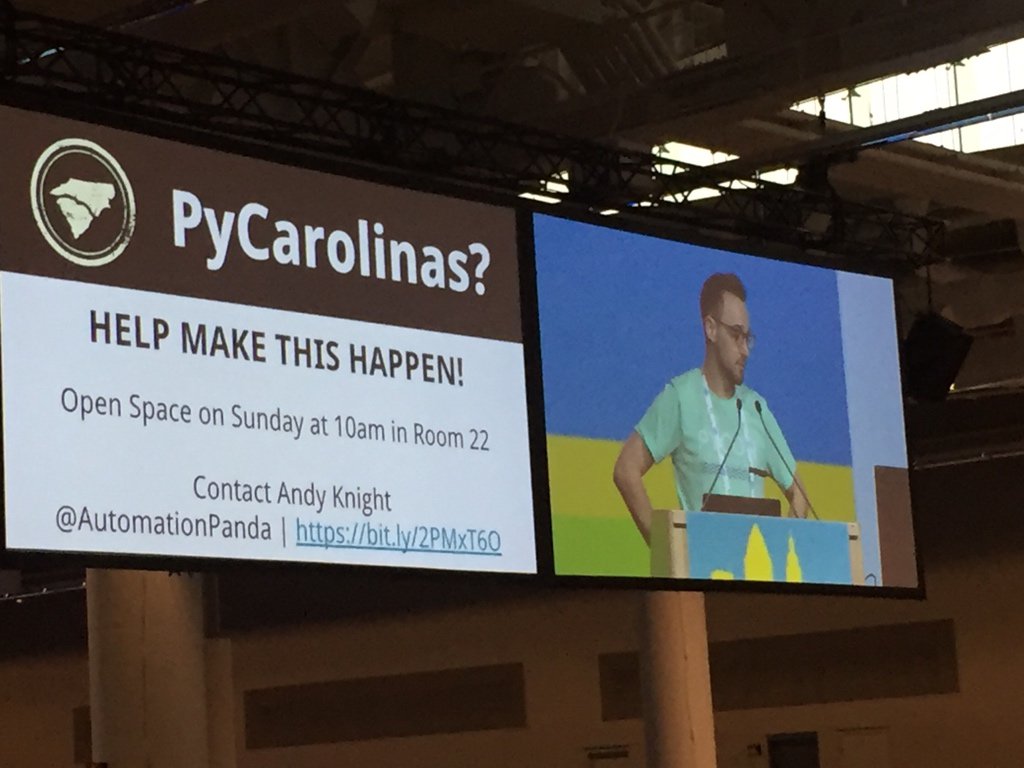 Brian S. Corbin (@corbinbs) on Twitter photo Live in or near the Carolinas?
Looking for a cool Python regional conference? <a href="/AutomationPanda/">Pandy Knight</a> just took to the main #pycon2019 stage to get 📈for <a href="/PyCarolinas/">PyCarolinas</a>
<a href="/ironfroggy/">Clara Spealman🌱✊🏾🌈🏳️⚧️📢</a> salute! 🙌💪💻 Live in or near the Carolinas?
Looking for a cool Python regional conference? <a href="/AutomationPanda/">Pandy Knight</a> just took to the main #pycon2019 stage to get 📈for <a href="/PyCarolinas/">PyCarolinas</a>
<a href="/ironfroggy/">Clara Spealman🌱✊🏾🌈🏳️⚧️📢</a> salute! 🙌💪💻