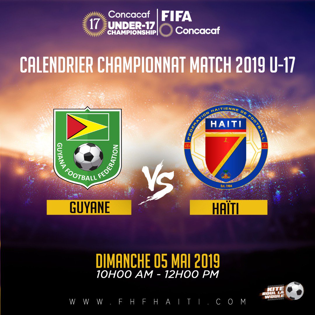 fhfhaiti's tweet photo. Aprè 2 Gwo VIKTWA👏🏽 Seleksyon U17M nou an pral jwe 3e MATCH li jodia🙌🏾 #HAITI vs #GUYANE #CONCACAFU17🏆 #10hAM #tiMESYEyoRÈD💪🏾 #FHF2019# YonLòtNivoFoutbòl #KITEBOULLAWOULE⚽🇭🇹 https://t.co/GsKtcrMnMm