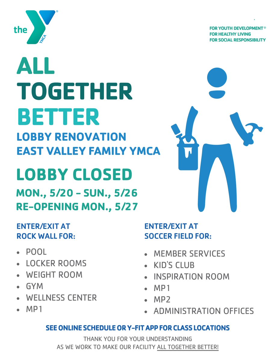 evfymca's tweet image. REMINDER: Our Lobby will be CLOSED for renovation Mon., 5/20 - 5/26. Please enter/exit via rock wall and rear gates during this time. We apologize for any inconvenience. The lobby will reopen Mon. 5/27