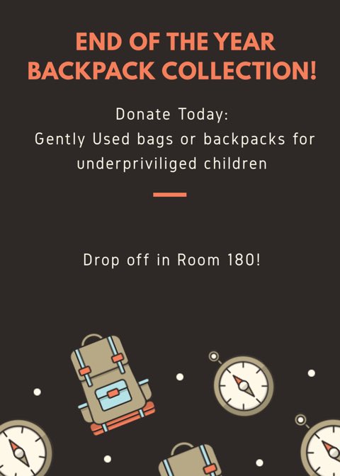 sphsactivities's tweet photo. Last project of the year.... SGA is collecting new/ gently used backpacks 🎒 seniors on your way out stop by room 180 &amp; donate your backpack. We will collect this week &amp; next week. @sphs_class_2019 @SPHSHenschel @sphsleadership @paladin_peers @paladinsphs https://t.co/SC70enaNLZ