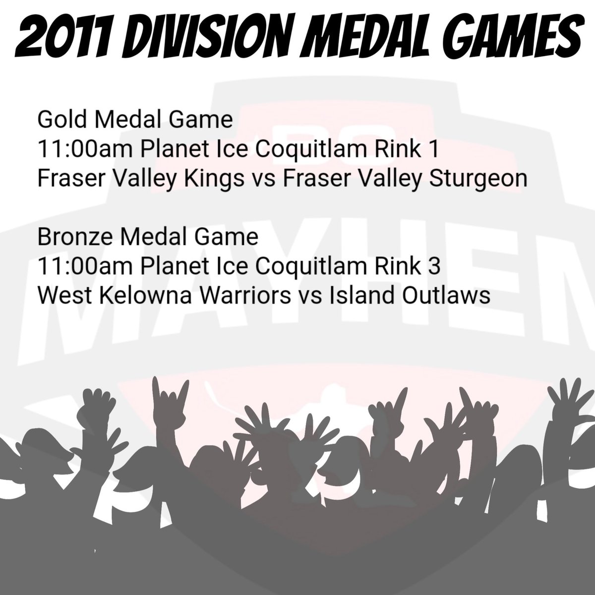 Two amazing Semi Finals tonight in the 2011 Division. Both games were separated by a single goal and came down to the final seconds. Here are the medal games for tomorrow. 🏅