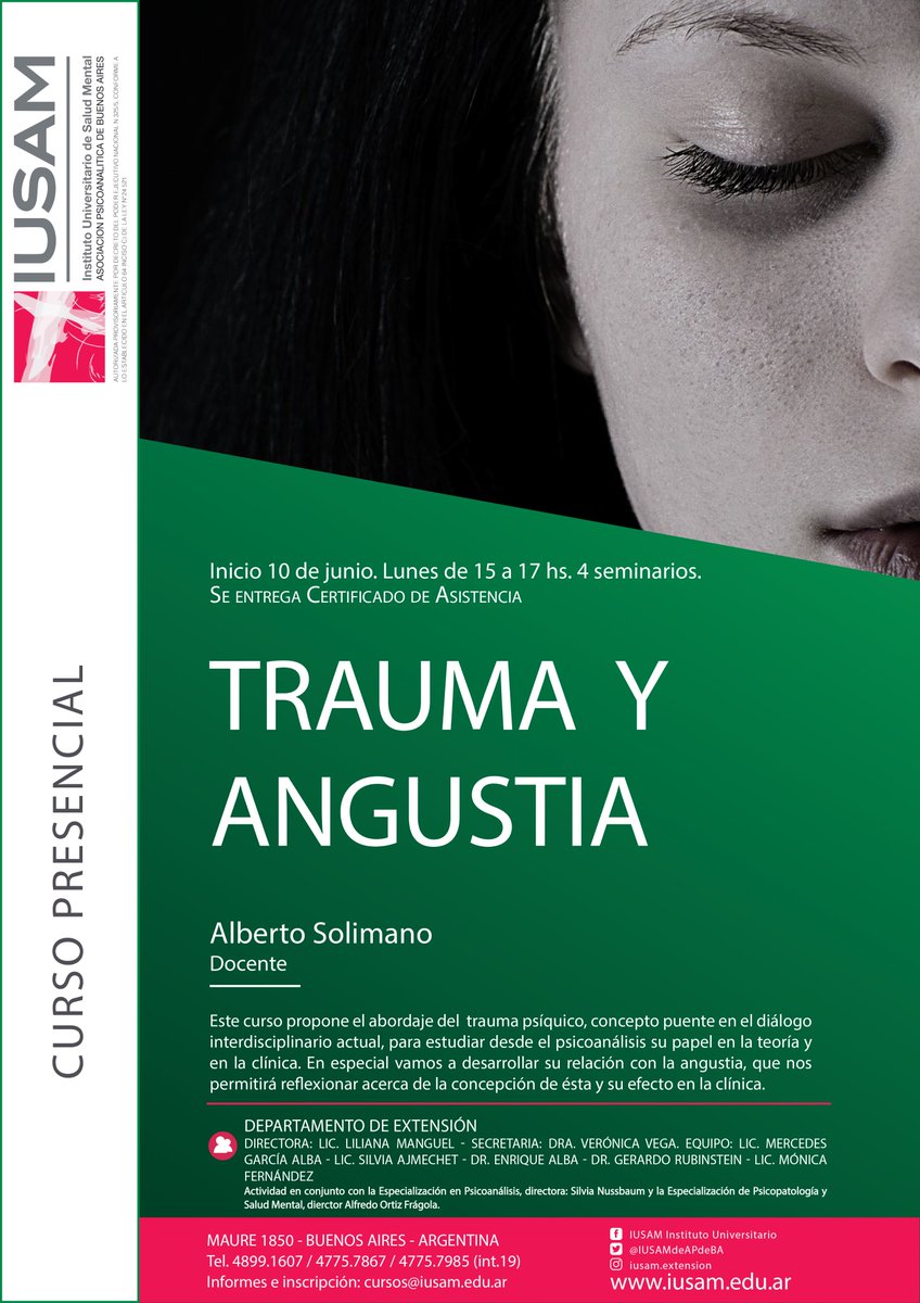 IUSAMdeAPdeBA's tweet photo. ¡Nueva fecha de inicio!

Trauma y Angustia

Docente: Alberto Solimano
Inicio: 10 de junio
Lunes de 15 a 17 hs
Duración: 4 seminarios
Se entrega certificado de asistencia

Para más información escribir a cursos@iusam.edu.ar https://t.co/PhjA7Wdugg