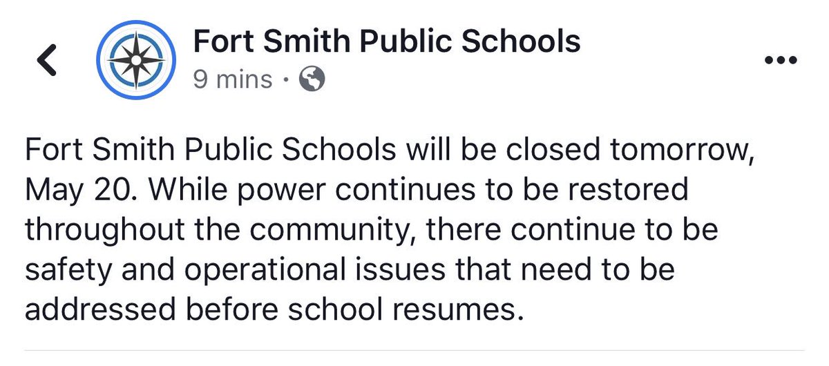 There will be NO DAY or EVENING Classes tomorrow due to Fort Smith Public Schools being closed.  We hope all are safe after the weather this weekend.  Classes will resume on  Tuesday, May 21st!