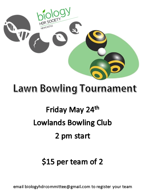Come to Lowlands Bowling Club Friday afternoon at 2pm to lawn bowl with your fellow Bio HDR students and staff. Teams of two, email biologyhdrcommittee@gmail.com to register your team.
