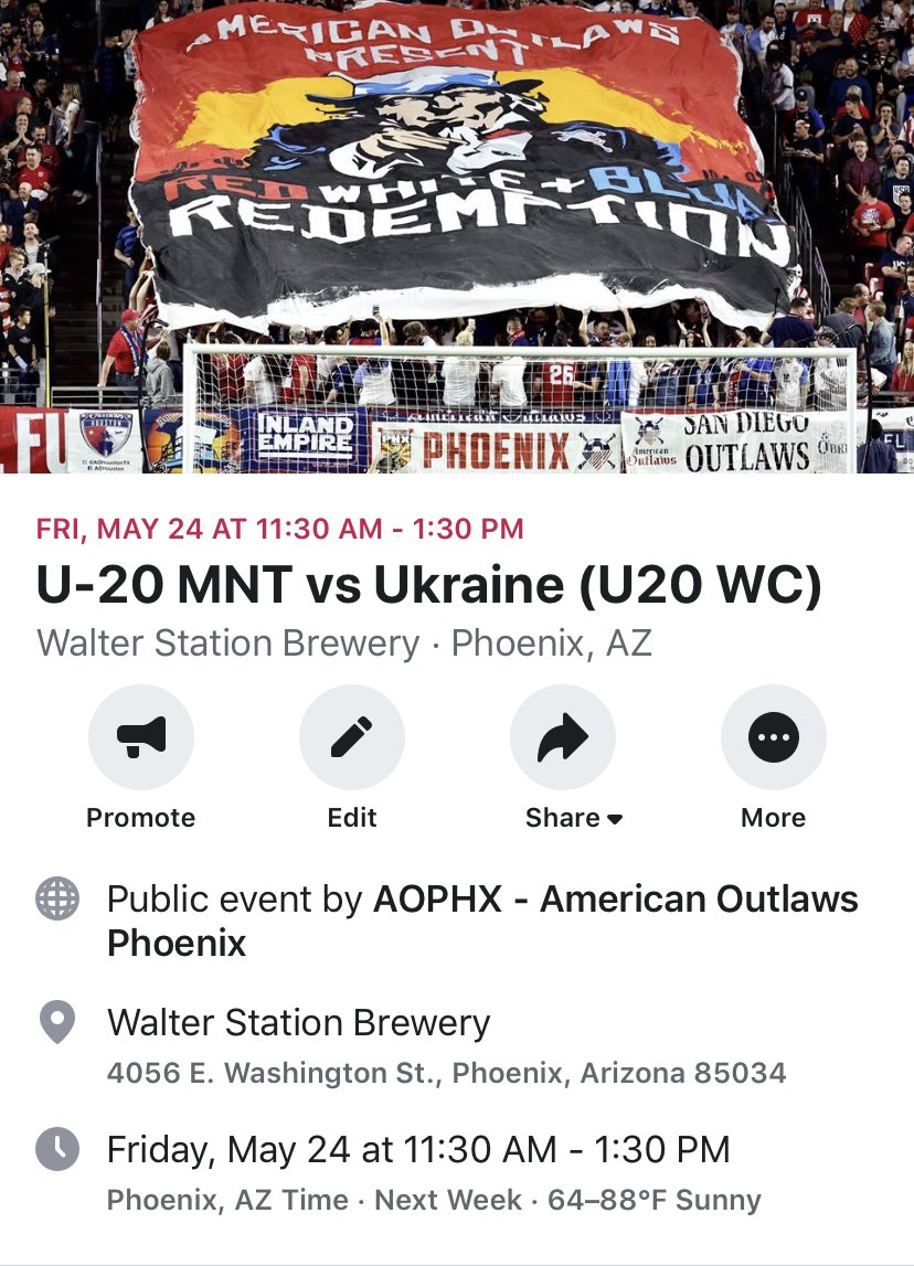 AOPHX's tweet photo. โฝ๏ธ #USYNT ๐บ๐ธ ๐ Ukraine ๐บ๐ฆ
๐
Friday, 5/24
โฐ 11:30 am (AZ)
๐บ @FOXSports
๐ฑ #USAvUKR
๐@walterstationaz https://t.co/IwwL7ilVCo