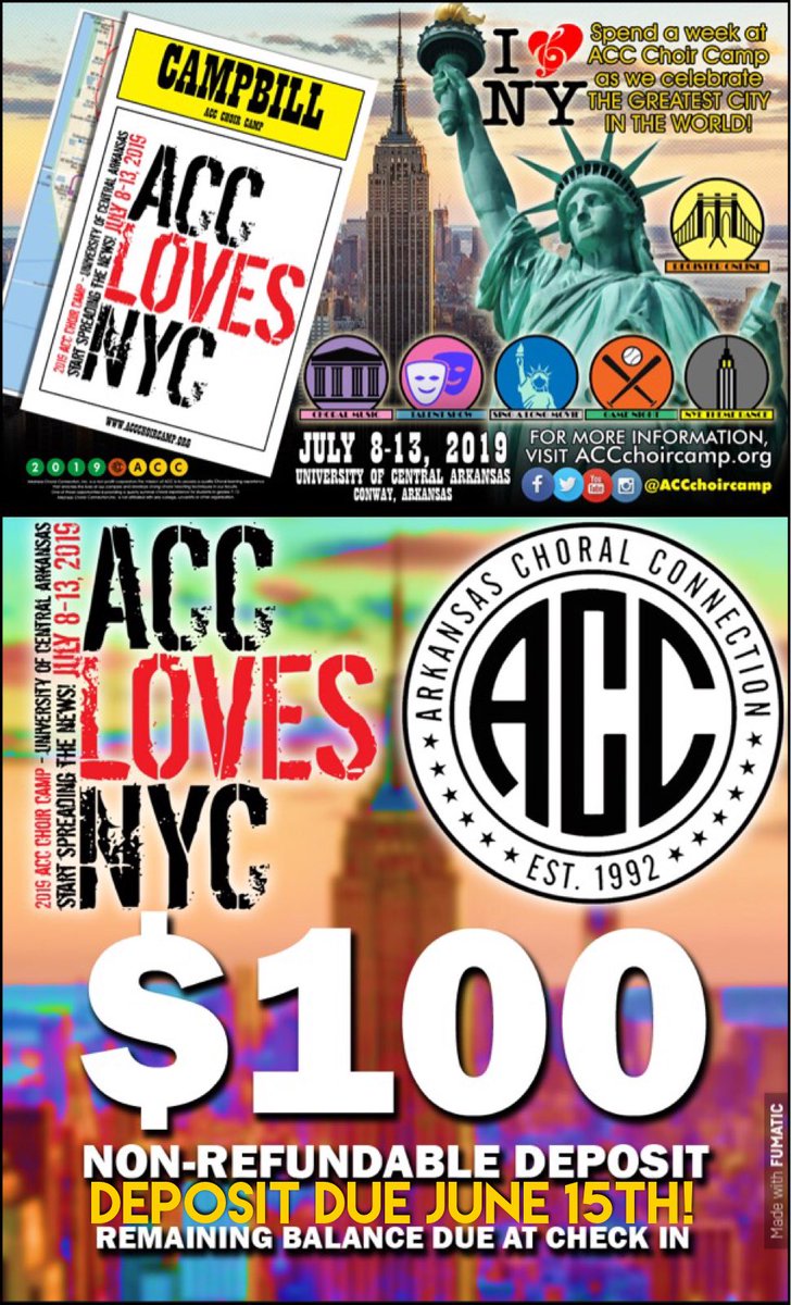 accchoircamp's tweet photo. Don’t miss out on this year’s ACC Choir Camp! Make sure to register and pay your $100 non-refundable deposit by June 15, 2019 to secure your spot! #ACCLovesNYC

Register online at: https://t.co/4hMDJRdxjl https://t.co/vWFKd5CqCe