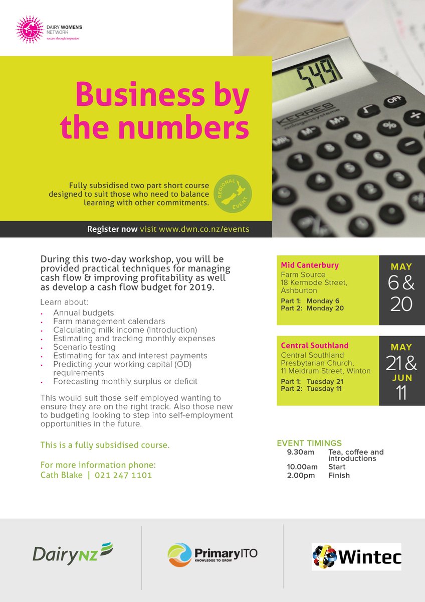 We have 7 spaces left for this very popular 2 day workshop in Winton. Starting tomorrow Tue 21 May. To register for this free event click on the link below.  <a href="/dairy_women/">Dairy Women's Network</a> dwn.co.nz/event/business…