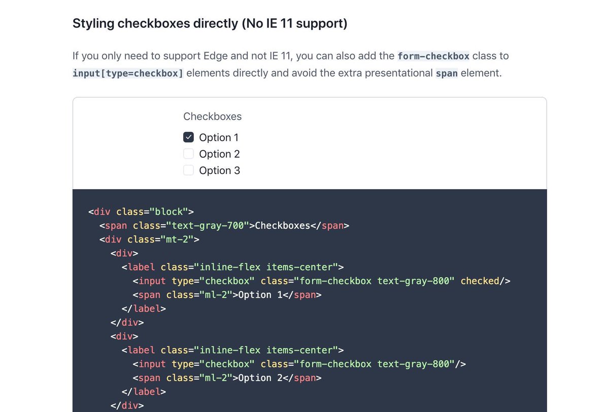 adamwathan's tweet image. The most exciting part about an IE 11-free future is being able to create custom checkboxes with super normal HTML and no stupid CSS hacks 😍