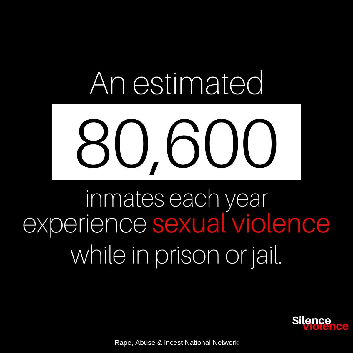 shidesv's tweet image. An estimated 80,600 inmates each year experience sexual violence while in prison or jail. 
Source: @RAINN