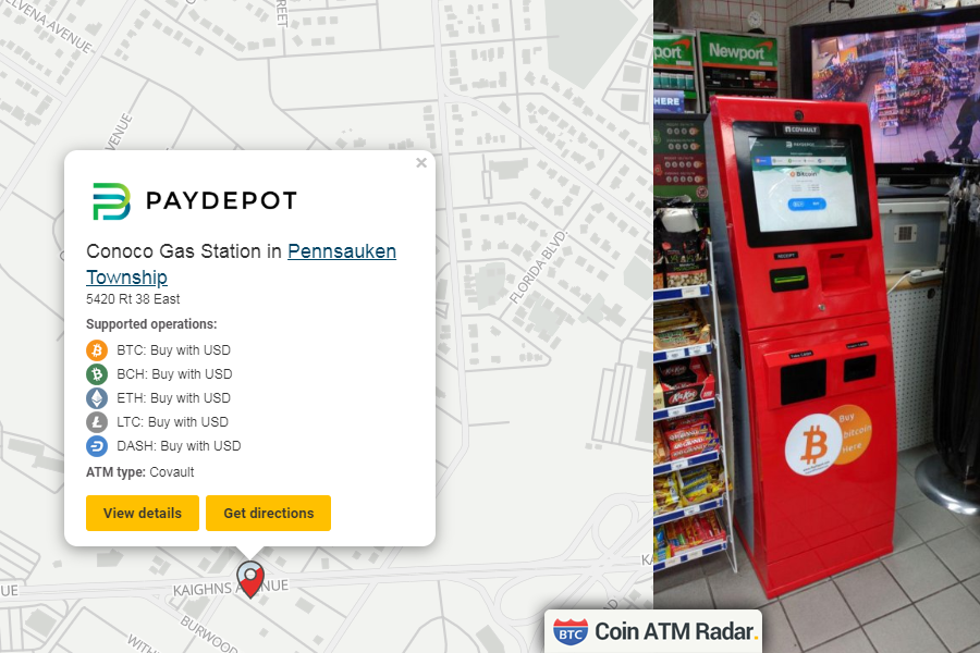 CoinATMRadar's tweet image. New installed #Covault #bitcoin machine at Conoco Gas Station in #Pennsauken Township. Operated by #PayDEPOTLLC. Supported operations and coins: #BTC #BCH #ETH #LTC #DASH 
coinatmradar.com/bitcoin_atm/80…