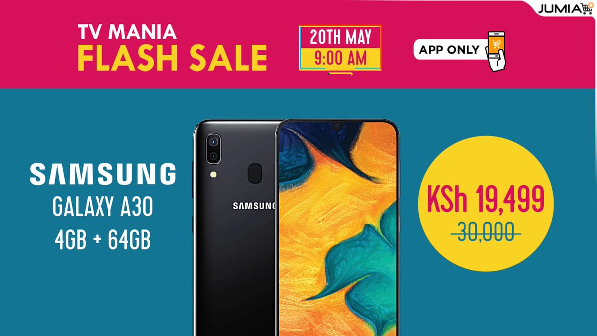 oaksupreme's tweet photo. This new Galaxy A30 running Android 9.0, 4000 mAh
Fast Charging, 4GB 64GB storage and 16MP front and rear cameras. 
Flash sale starts at 9am ▶️https://t.co/Bg7ClPt4hb #JumiaTVManiaLive https://t.co/V6mFota7Mz