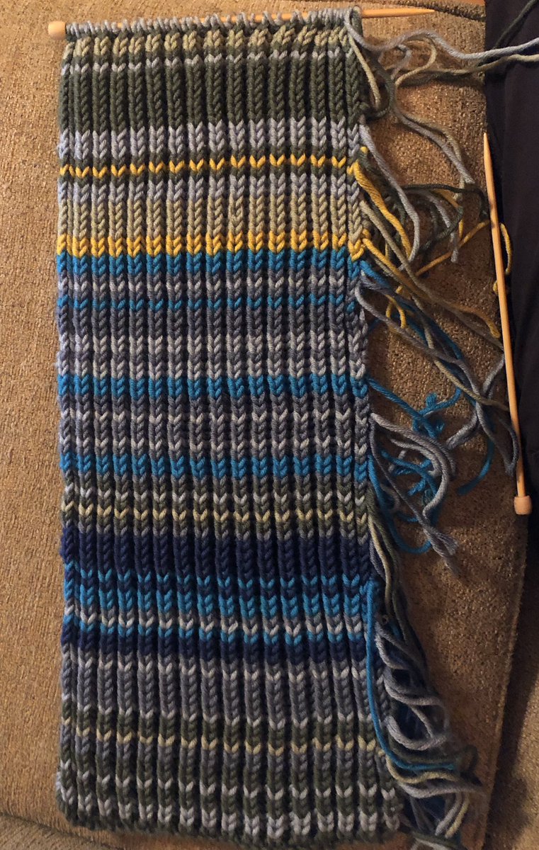 rebquintana's tweet image. Catching up on my weather data scarf, where each “row” depicts each day’s average temperature in the city where I spent the night. Most days it is Ann Arbor, but the bright yellow next to the bright blue shows our March trip to Vegas! #dataphys #3monthsdown