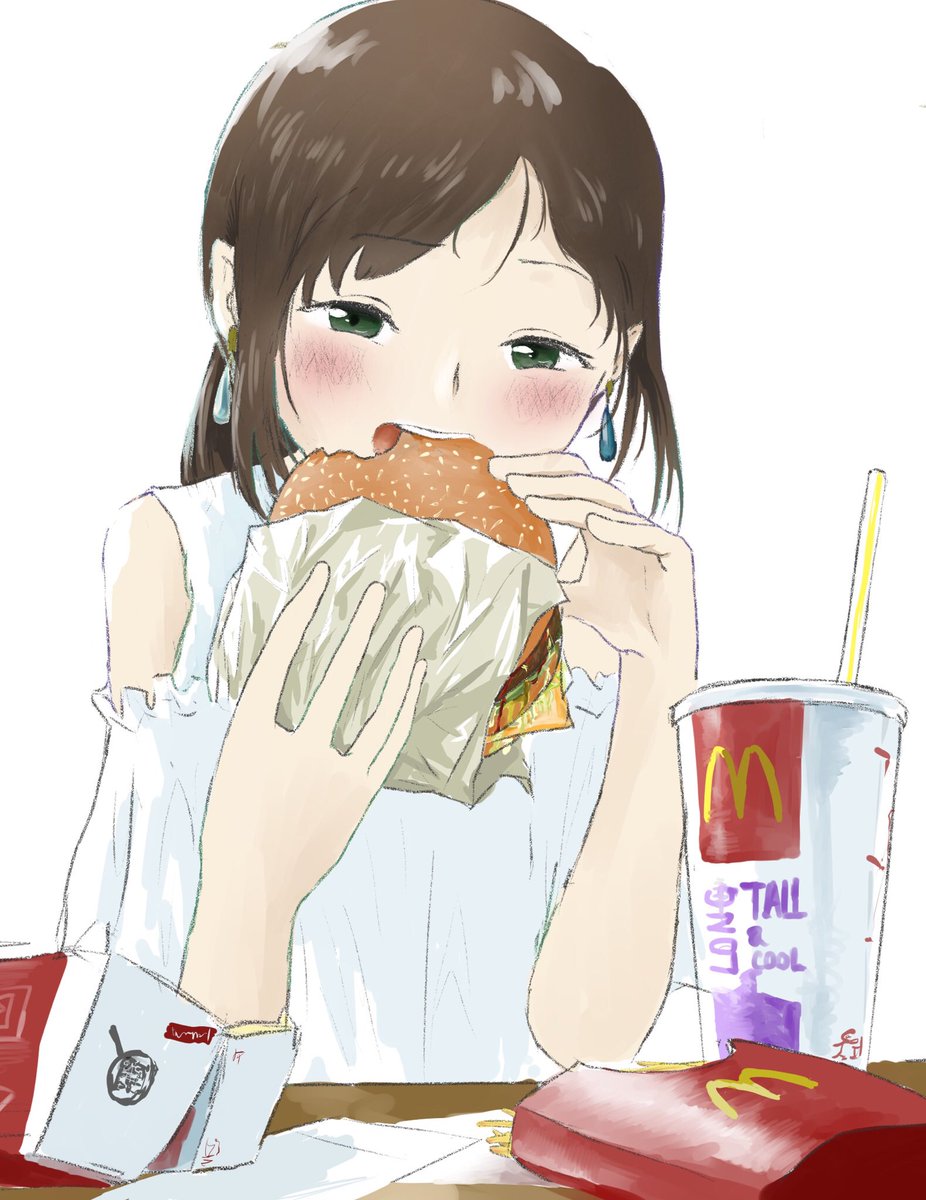 1girl food burger solo eating green eyes white background  illustration images