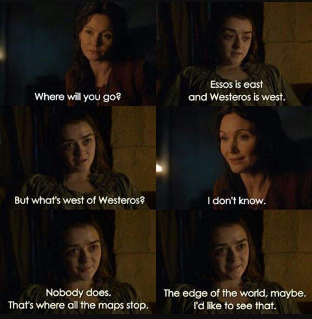 alecia_whet's tweet photo. Ok I got the most emotional when Arya said she wasn’t going back north and I knew 😭😭😭😭
to the east is Essos, to the West is Westeros, but what’s to the west of Westeros?
#mylittleexplorer #AryaStark https://t.co/Jpvf95aZYe