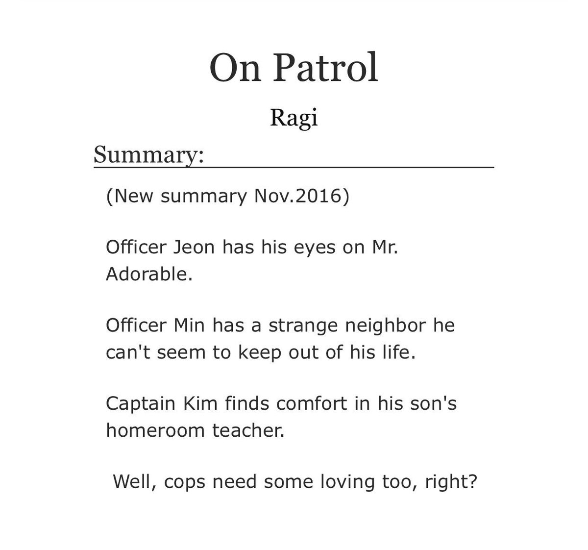 on patrol- jikook, namjin, sope- cop au- the 3 pairs have their fair share of the spotlight!! the development was well written!!- kinda felt like i was reading a series cus it all linked?? i loved how the plot flowed - fluffy shit with slight? angst https://archiveofourown.org/works/7960735/chapters/18206785