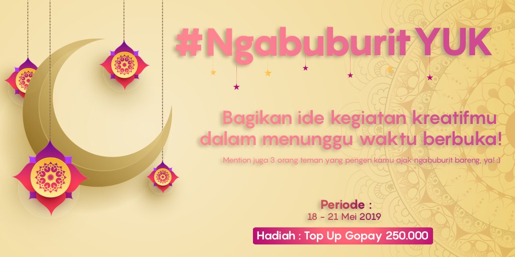 infokuis's tweet photo. Sambil nunggu buka puasa, kalian biasanya ngapain, Guys?
Share yuk, ide ngabuburit seru ala kalian dan ajak 3 orang teman buat ikutan, ya! Ada top up gopay ratusan ribu rupiah untuk 4 orang yang beruntung.
Sertakan juga #NgabuburitYUK dalam jawaban kamu, ya! https://t.co/36AisMuX0H
