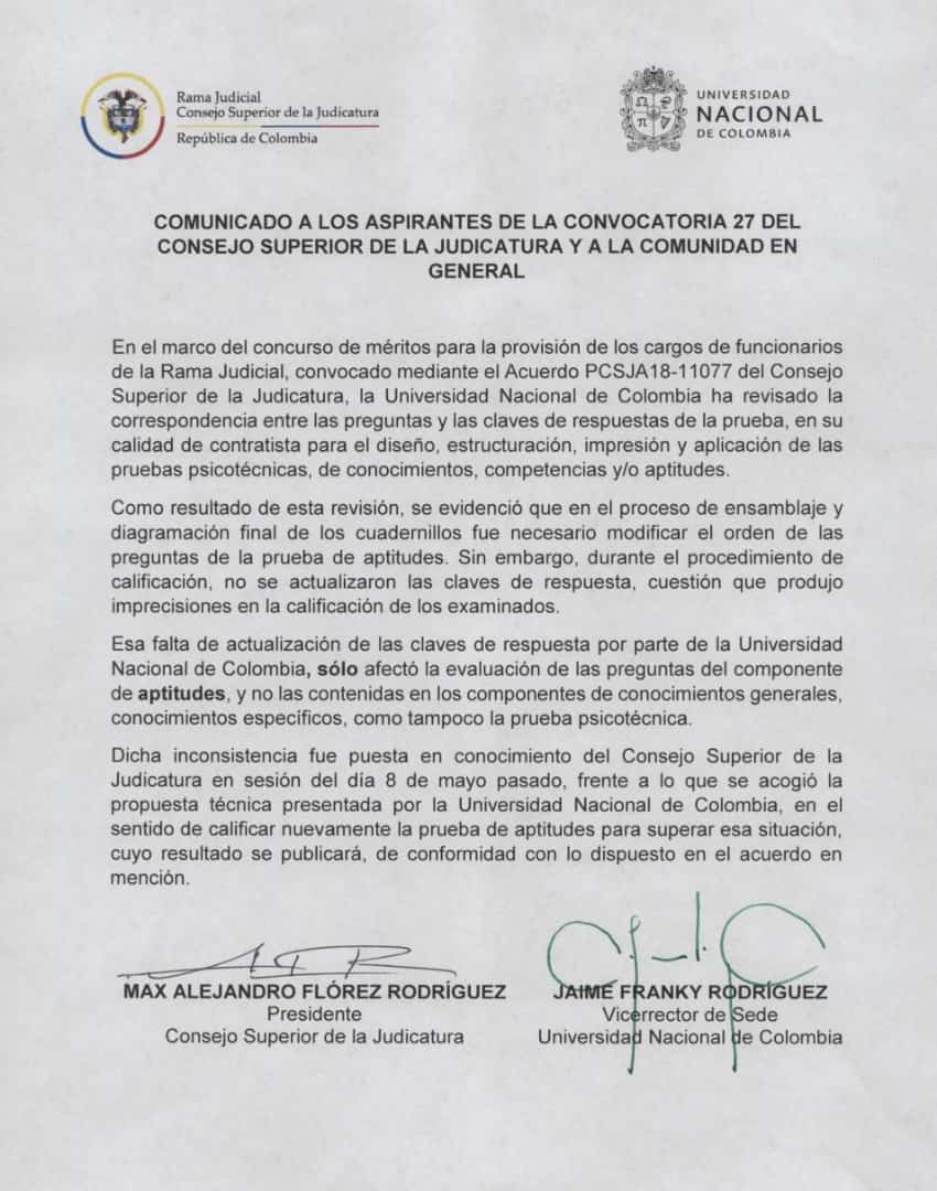 Comunicado dirigido a los aspirantes a cargos de jueces y magistrados, que participaron de la convocatoria 27👇🏼