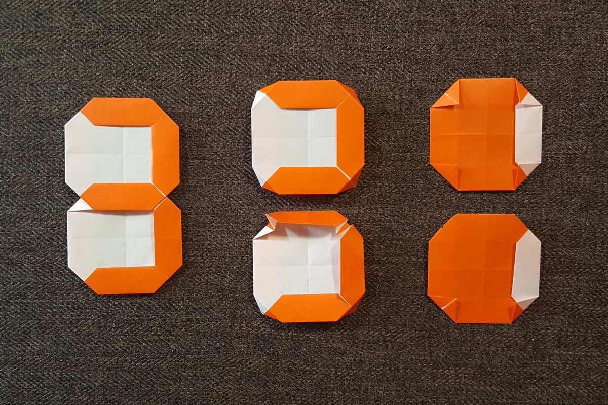 Tatsumi S Mitsuda 折り紙でデジタル数字を折ってみました 正方形不切二枚のユニットです 別作品の下折り中に思い付きました あまりに簡単なので他に作った人がいないかネットで調べたら 似たのがありましたが ハサミと糊を使った作品だったので