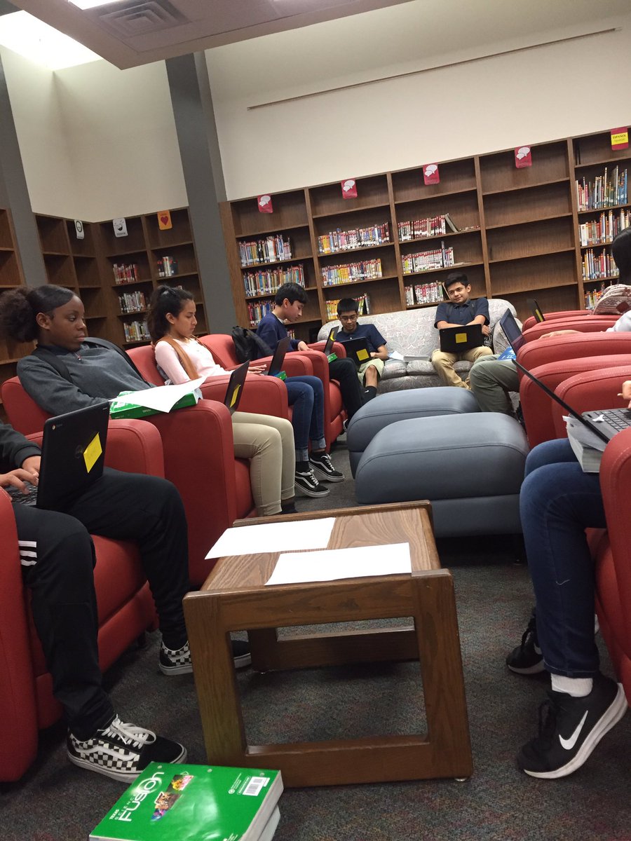 MrsCamposSTEM's tweet photo. My kiddos moved to the library this week due to 8th grade STAAR testing. They loved it!!! One kid said,”Mrs., I’m so relaxed. I love this.” ☺️ I loved it too!! Thanks @TheBeardedLib11 for hosting us! #collaborate #bettertogether #librarynerds https://t.co/JSy9BhzQFh
