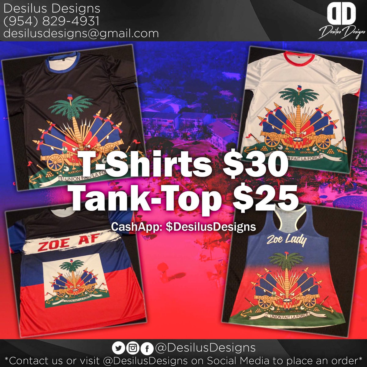Haitian Flag Day is upon us!  Be sure to make your way to #RumShotOrlando tomorrow and grab your @DesilusDesigns Flag Day apparel 🇭🇹
.
.
.
.
#DesilusDesigns #RumShotOrlando #SupportBlackBusiness #GraphicDesign #EventFlyers #PartyFlyers #Logos #Apparel #ApparelPrinting