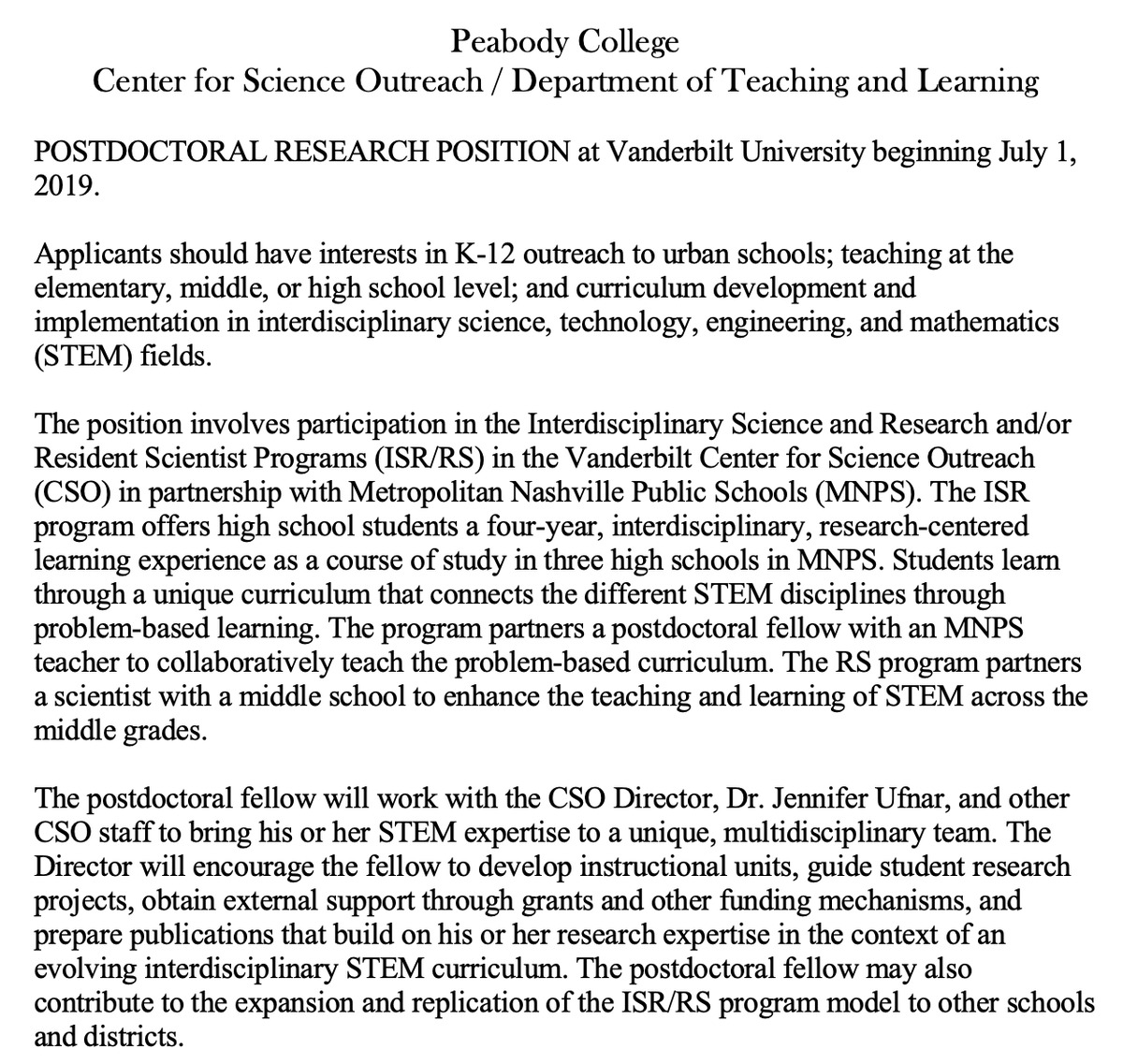 VanderbiltCSEO's tweet photo. We have 2 open postdoc positions for our Interdisciplinary Science &amp; Research (ISR) and Resident Scientist programs, working with Metro Nashville Public Schools. Please RT! #scicomm #STEMoutreach https://t.co/CT8oij7L7C
