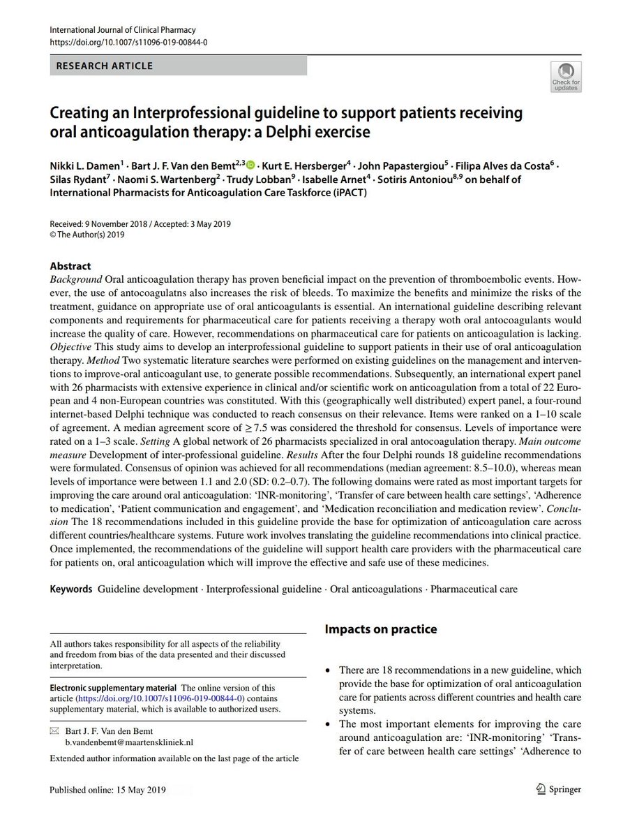 Great to see our <a href="/iPharmacistACT/">iPACT</a> guideline published.  Such an honour to collaborate with the international group of pharmacists and researchers.  #pharmacists #anticoagulation