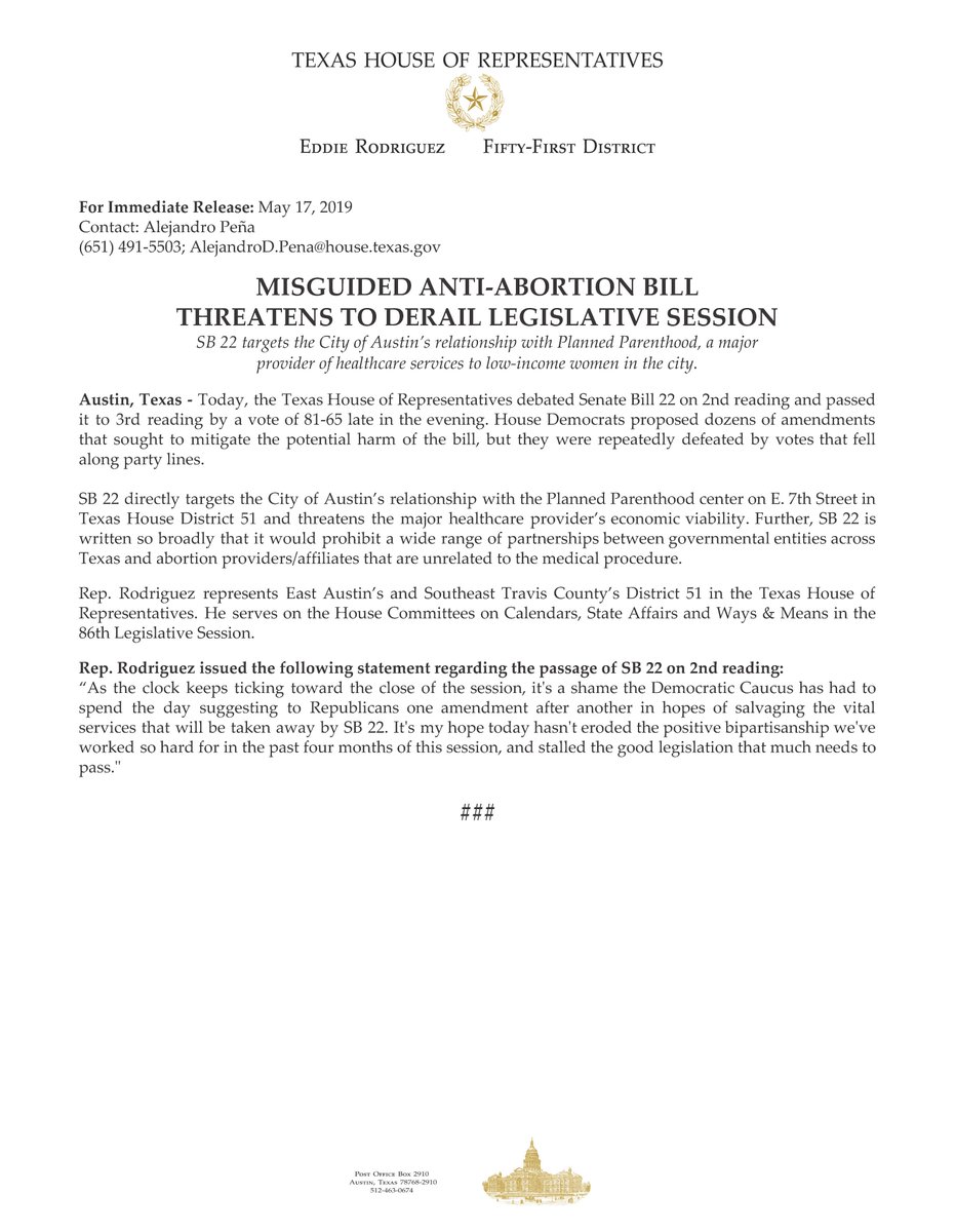 EddieforTexas's tweet photo. SB 22 threatens access to quality, affordable healthcare for countless Texans and threatens to derail the 86th Legislative Session.

Read my full statement below ↓ #StopSB22 #StandWithPPTX #HD51 #txlege https://t.co/czYn8vgg7d
