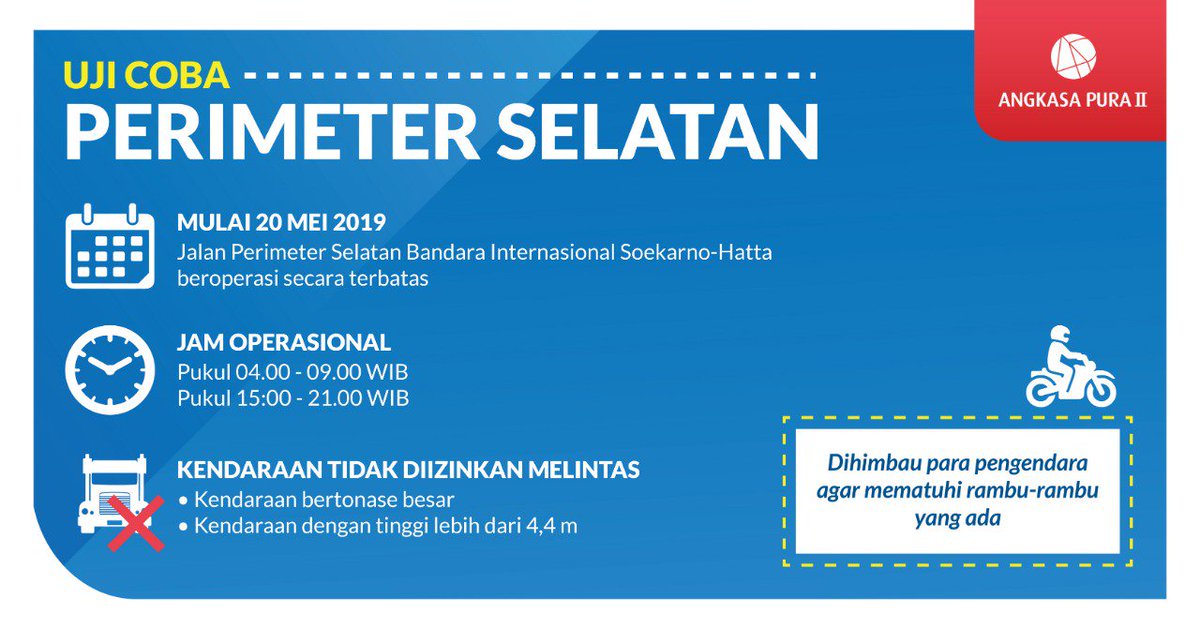 INJairports's tweet photo. Mulai Senin 20 Mei 2019, jalan Perimeter Selatan @CGK_AP2 akan kembali dibuka secara terbatas atau masih dalam tahapan uji coba hingga 1 pekan. Pengoperasian Perimeter Selatan telah melalui kesepakatan antara AP2, PT KAI, Waskita Karya dan Dinas Perhubungan Tangerang. https://t.co/BrXW92ut8g