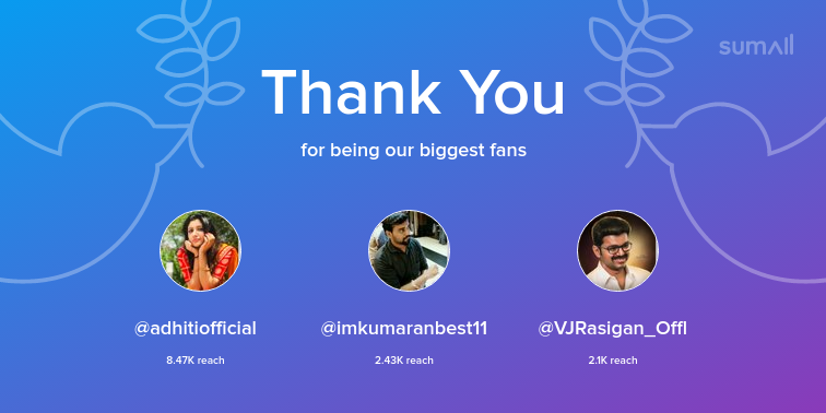 adhiti_'s tweet photo. Our biggest fans this week: adhitiofficial, imkumaranbest11, VJRasigan_Offl. Thank you! via https://t.co/0SXpeXPeFw https://t.co/mb5VK3QyAD