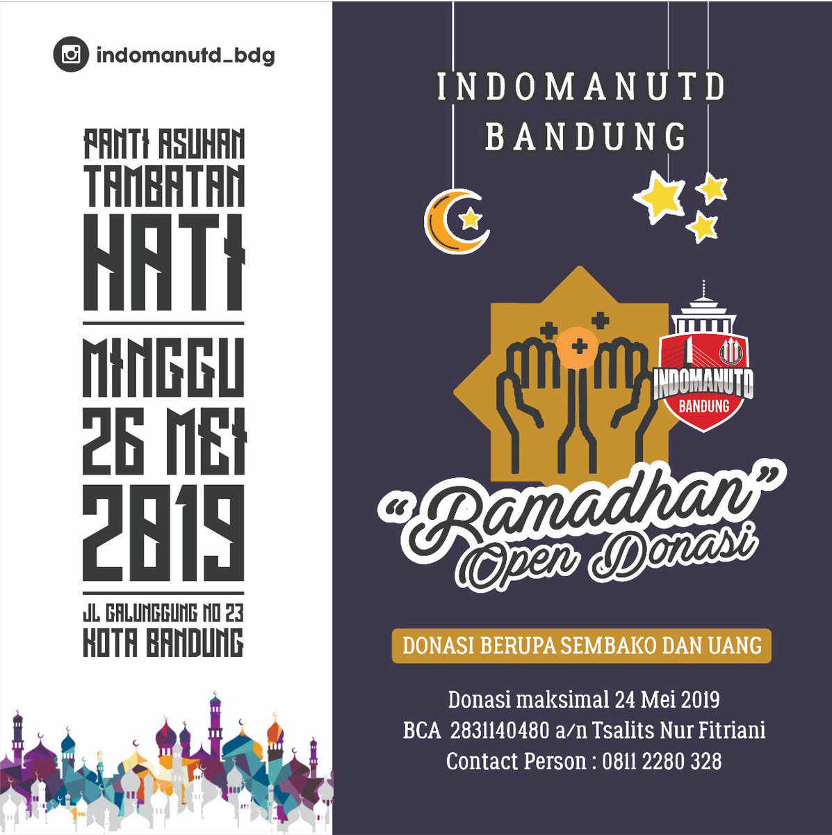 Mari bergabung dalam agenda <a href="/indomanutd/">Indonesian Manchester United</a> Bandung dibulan Ramadhan.
1. BUKBER Rabu 22Mei di Magma Cafe terbuka utk seluruh fans man.united
2. Penggalangan dana sampai tgl 24Mei,untuk disalurkan ke Panti Asuhan Tambatan Hati Minggu 26Mei

Kuy merapat...
