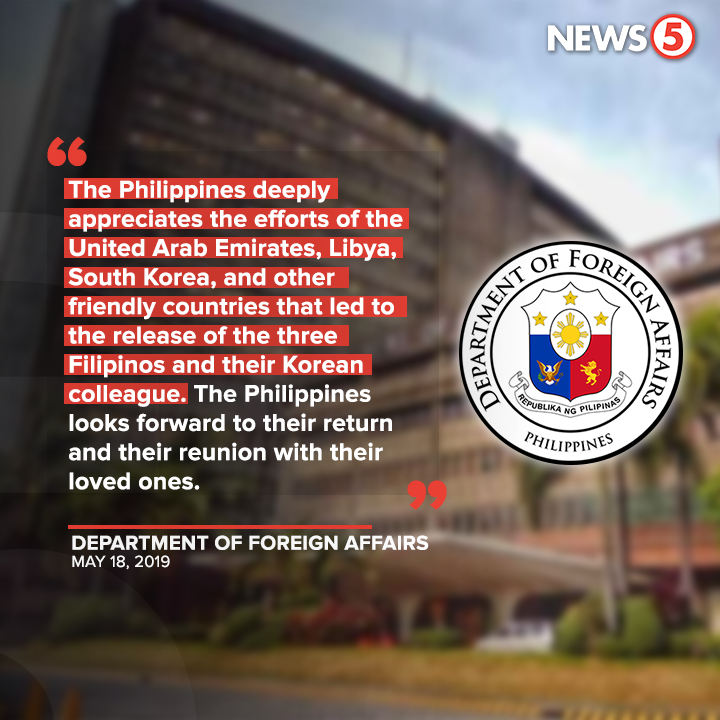 News5PH's tweet photo. Nagpasalamat ang @DFAPHL sa mga bansang tumulong para mapalaya ang tatlong Pilipinong Engineer na dinukot ng mga armadong lalaki sa Libya sampung buwan na ang nakakalipas. https://t.co/z5u7Tvd2Ro