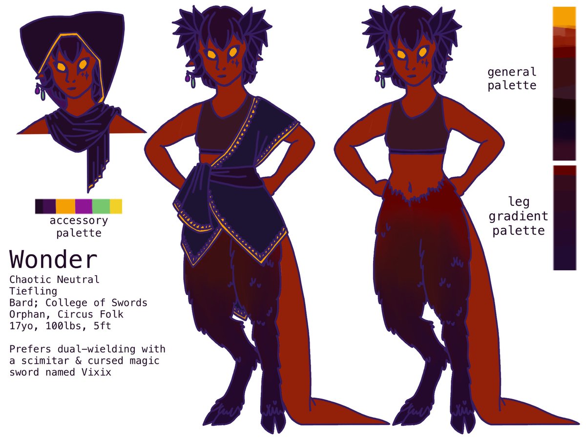 A full body redesigned character sheet of wonder my bard tiefling