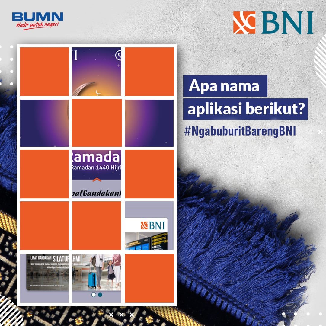 Saatnya quiz #NgabuburitBarengBNI! Sambil nunggu waktu berbuka puasa, enaknya main tebak gambar nih! Ada yang tahu nama aplikasi ini? #MariLipatGandakanKebaikan #RamadanPenuh