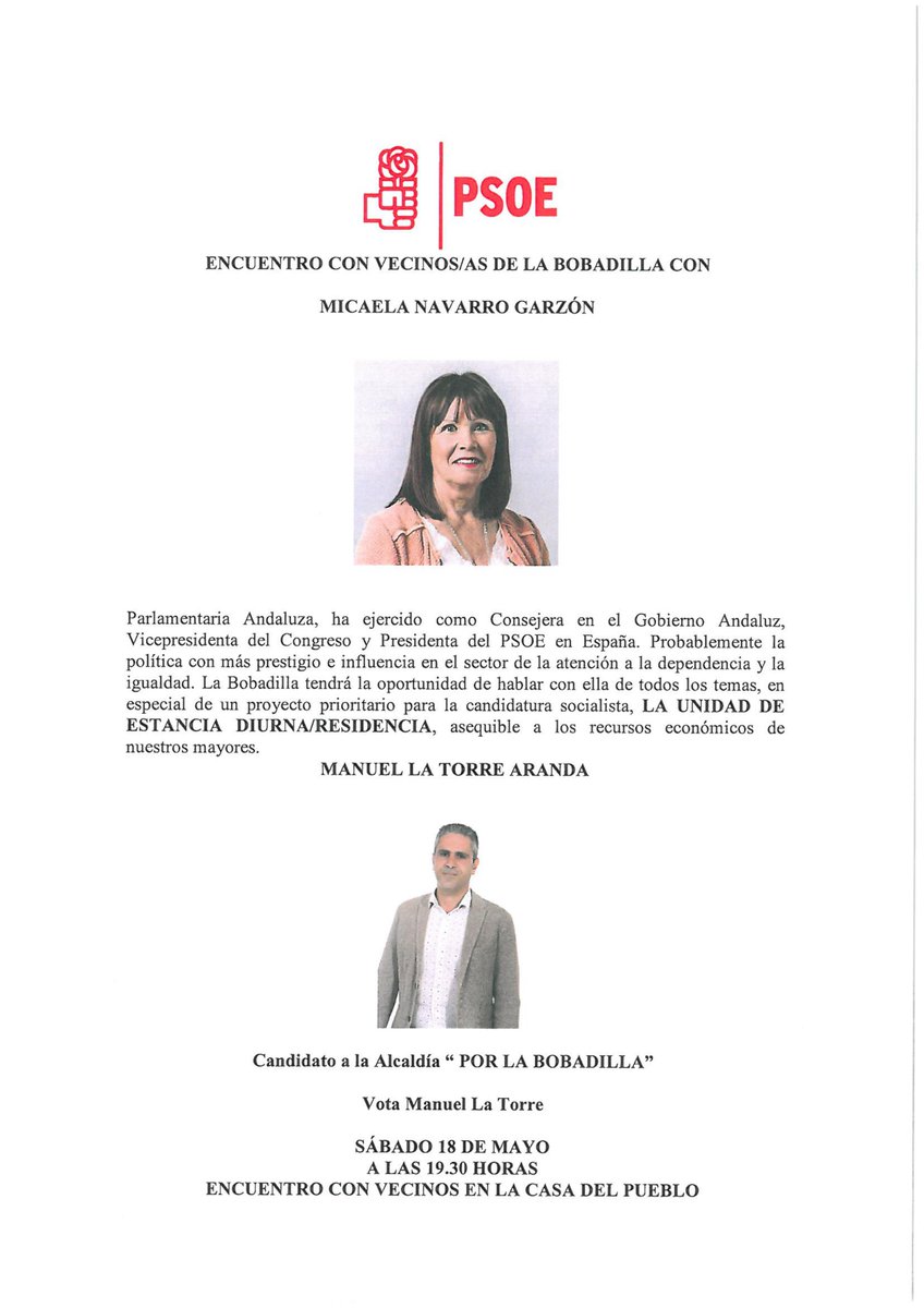 LaBobadillaPSOE's tweet photo. #PorLaBobadilla
#VotaManuelLaTorre
#Votacandidaturasocialista https://t.co/hnHPuKThZk