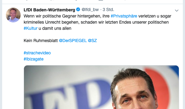 Ein Screenshot eines Tweets des Landesdatenschützers von Baden-Württemberg, der Strache in Schutz nimmt und SPIEGEL und SZ anprangert.