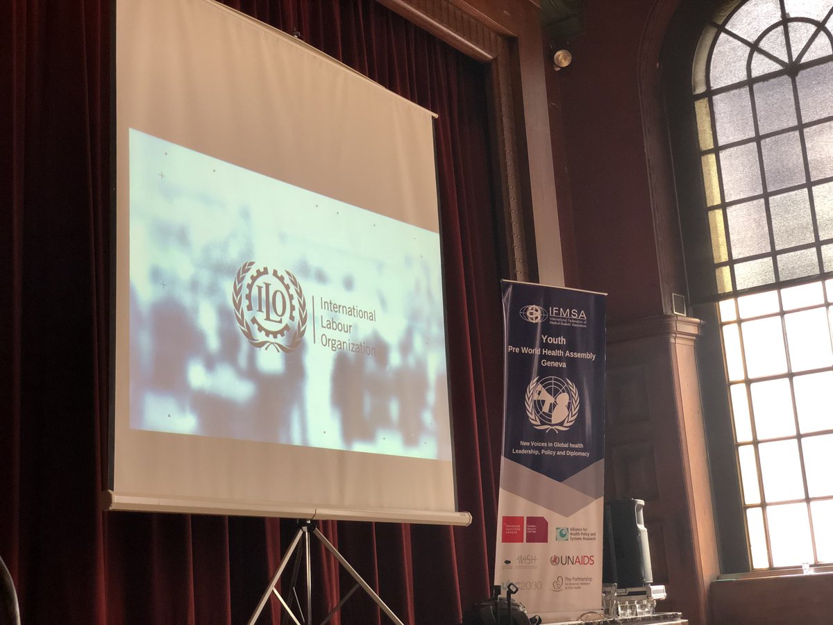 RoopaDhatt's tweet photo. DYK @ilo  - if you work, you should know about it. The #preWHA #YWHA @IFMSA introducing multi sectoral lens in #globalhealth “ILO ensures social justice of people at work, has nobel prize in 1969, founded after WWI in treaty of Versailles”  Goal 8 = Decent Work #Youth4Health https://t.co/57kYOlHzT7