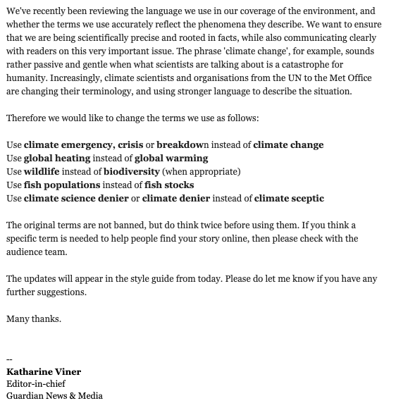 ActionBrexit's tweet photo. MUST READ: Leaked Guardian memo Instructs journalists to use highly emotive language when writing articles on climate change. This will filter through to Channel 4 and BBC within weeks. Be aware✅ https://t.co/CaHmqVYfLE