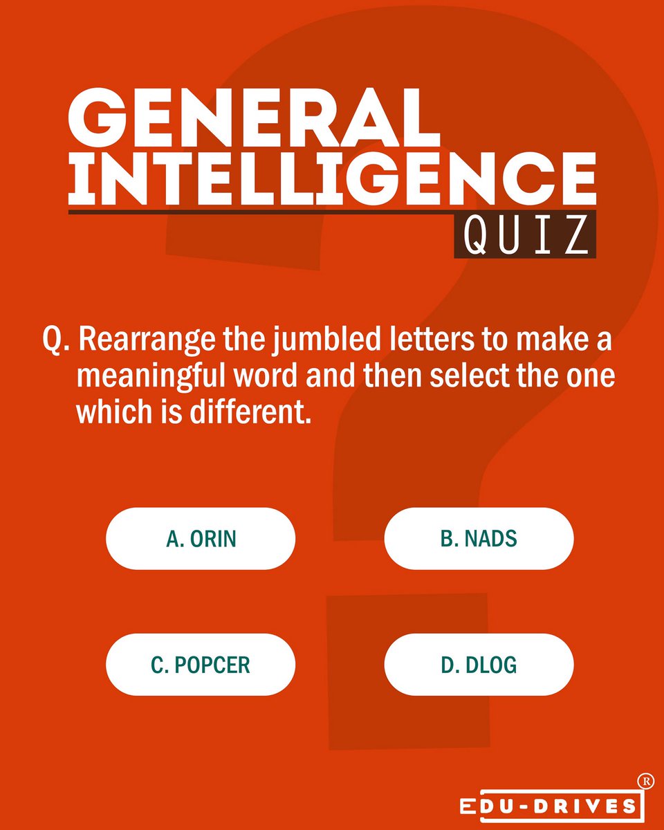 Edu_Drives's tweet photo. QUESTION OF THE DAY!
Do you know the correct answer? Comment below 👇🏻.
For more preparation buy our pendrive course Link in bio.
#questions #Practice #Exams #rrb #SSC #CGL #SSCCGL #course #coaching #EduDrives #currentaffairs #logicalreasoning #bankpo #QuestionOfTheDay https://t.co/GCiYTbDckx