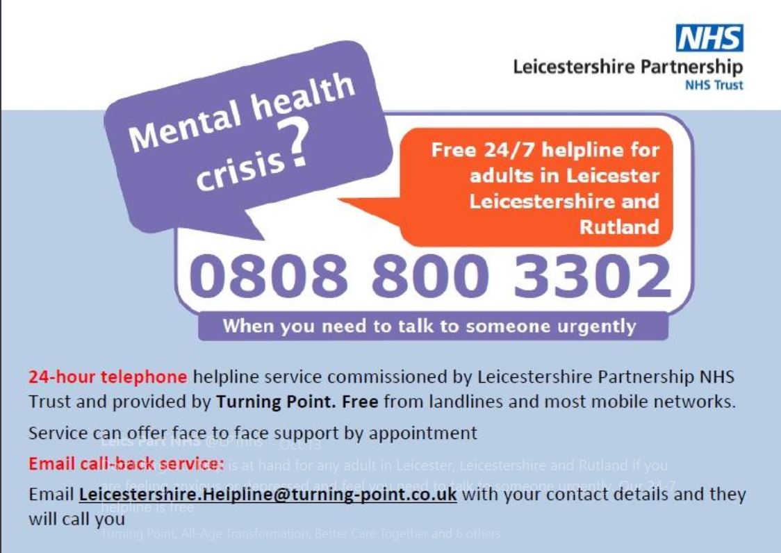 #MHAW19 You dont have to struggle alone if you feel you  urgently need helpwith your mental wellbeing. Our 24 hour crisis helpline is free and confidential and there for any adult in Leicester Leicestershire or Rutland thanks to our partners <a href="/TurningPointUK/">Turning Point - Social Enterprise 💙</a>